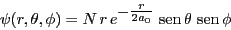 \begin{displaymath}
\psi(r,\theta,\phi) = N \, r \, e^{\textstyle -\frac{r}{2 a_0}} \, \sen{\theta} \, \sen{\phi}
\end{displaymath}