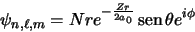 \begin{displaymath}
\psi_{n,\ell,m} = N r e^{-\frac{Zr}{2a_0}} \mathop{\rm sen}\nolimits {\theta} e^{i\phi}
\end{displaymath}