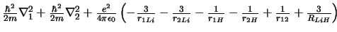 $
\frac{\hbar^2}{2m} \nabla^2_1 +\frac{\hbar^2}{2m} \nabla^2_2 +
\frac{e^2}{4\p...
...H}} +\frac{1}{r_{12}} +\frac{3}{R_{LiH}}
\right) \ \ \ \ \ \ \ \ \ \ \ \ \ \ \
$