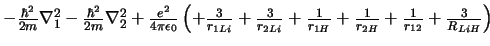 $
-\frac{\hbar^2}{2m} \nabla^2_1 -\frac{\hbar^2}{2m} \nabla^2_2 +
\frac{e^2}{4\...
...H}} +\frac{1}{r_{12}} +\frac{3}{R_{LiH}}
\right) \ \ \ \ \ \ \ \ \ \ \ \ \ \ \
$