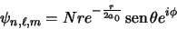 \begin{displaymath}
\psi_{n,\ell,m} = N r e^{-\frac{r}{2a_0}} \mathop{\rm sen}\nolimits {\theta} e^{i\phi}
\end{displaymath}
