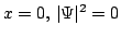 $x=0, \, \vert\Psi\vert^2=0$