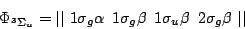 \begin{displaymath}
\Phi_{^3\Sigma_u} =
\vert\vert \,\,
1\sigma_g \alpha \,\,\, ...
... \,\,\,
1\sigma_u \beta \,\,\, 2\sigma_g \beta \,\,
\vert\vert
\end{displaymath}