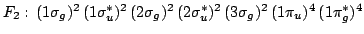 $F_2: \, (1\sigma_g)^2 \, (1\sigma_u^*)^2 \, (2\sigma_g)^2 \, (2\sigma_u^*)^2 \, (3\sigma_g)^2 \,
(1\pi_u)^4 \, (1\pi_g^*)^{4}$