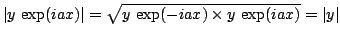 $\vert y \, \exp(iax)\vert = \sqrt{y \, \exp(-iax) \times y \, \exp(iax)}
= \vert y\vert$