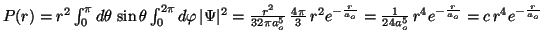 $ P(r) = r^2 \int_{0}^{\pi} d\theta \, \sin\theta \int_{0}^{2\pi} d\varphi \, \v...
...o}} = \frac{1}{24a_o^5} \,
r^4 e^{-\frac{r}{a_o}} = c \, r^4 e^{-\frac{r}{a_o}}$