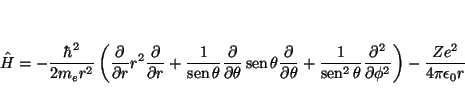 \begin{displaymath}
\hat{H} = - \frac{\hbar^2}{2m_er^2}
\left(
\frac{\partial}{...
...2}{\partial \phi^2}
\right)
-
\frac{Z e^2}{4 \pi \epsilon_0 r}
\end{displaymath}
