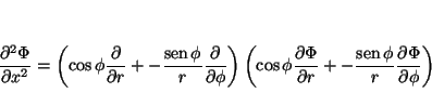 \begin{displaymath}
\frac{\partial^2 \Phi}{\partial x^2} =
\left(
\cos \phi \fra...
...\nolimits \phi}{r} \frac{\partial \Phi}{\partial \phi}
\right)
\end{displaymath}