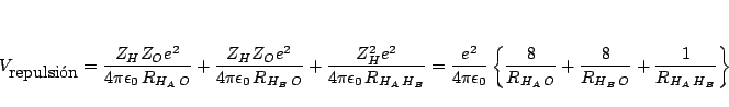 \begin{displaymath}V_{\mbox{repulsin}} =
\frac{Z_H Z_O e^2}{4\pi\epsilon_0 \, ...
...,O}}
+\frac{8}{R_{H_B\,O}}
+\frac{1}{R_{H_A\,H_B}}
\right\}
\end{displaymath}