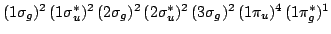 $(1\sigma_g)^2 \, (1\sigma_u^*)^2 \, (2\sigma_g)^2 \, (2\sigma_u^*)^2 \, (3\sigma_g)^2 \,
(1\pi_u)^4 \, (1\pi_g^*)^1$