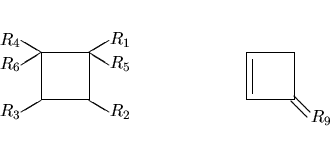 \begin{displaymath}\fourring{$R_1$}{$R_2$}{$R_3$}{$R_4$}{$R_5$}{$R_6$}{S}{S}{Q} \
\hspace{3cm}
\fourring{Q}{Q}{Q}{Q}{Q}{Q}{Q}{D}{$R_9$} \end{displaymath}