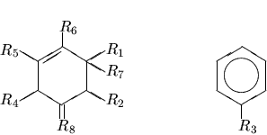 \begin{displaymath}\sixring{$R_1$}{$R_2$}{Q}{$R_4$}{$R_5$}{$R_6$}{$R_7$}{$R_8$}
{D} \hspace{3cm}
\sixring{Q}{Q}{$R_3$}{Q}{Q}{Q}{S}{S}{C} \end{displaymath}