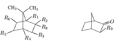 \begin{displaymath}\terpene{$R_1$}{$R_2$}{$R_3$}{$R_4$}{$R_5$}{$R_6$}{M}
{$R_8$}{Q} \hspace{3.5cm}
\terpene{Q}{Q}{Q}{Q}{Q}{Q}{Q}{O}{$R_9$} \end{displaymath}