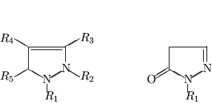 \begin{displaymath}\pyrazole{$R_1$}{$R_2$}{$R_3$}{$R_4$}{$R_5$}{Q}{D}{Q} \
\hspace{3cm}
\pyrazole{$R_1$}{Q}{Q}{Q}{O}{D}{Q}{Q} \end{displaymath}