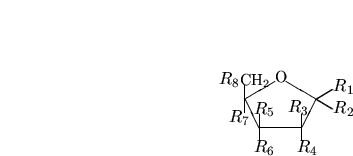 \begin{displaymath}\furanose{$R_1$}{$R_2$}{$R_3$}{$R_4$}{$R_5$}{$R_6$}
{$R_7$}{$R_8$} \end{displaymath}
